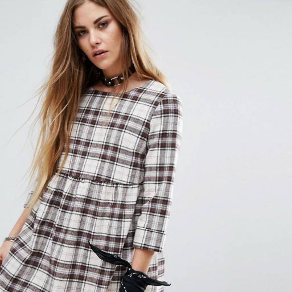Reclaimed Vintage Plaid Long Sleeve Dress in White and Brown